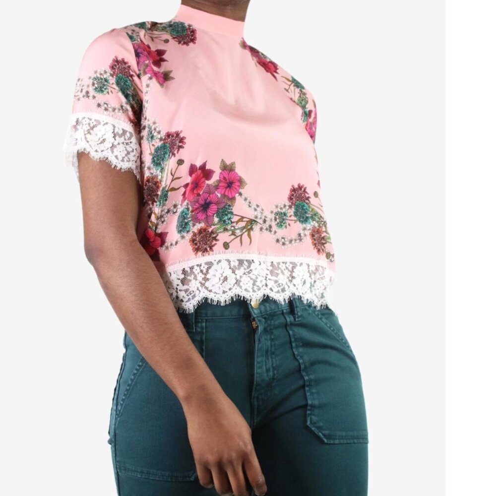 Sandro Pink Silk Lace Trim Floral Print Crop Top Size: S (Orig. $225) - Picture 2 of 5